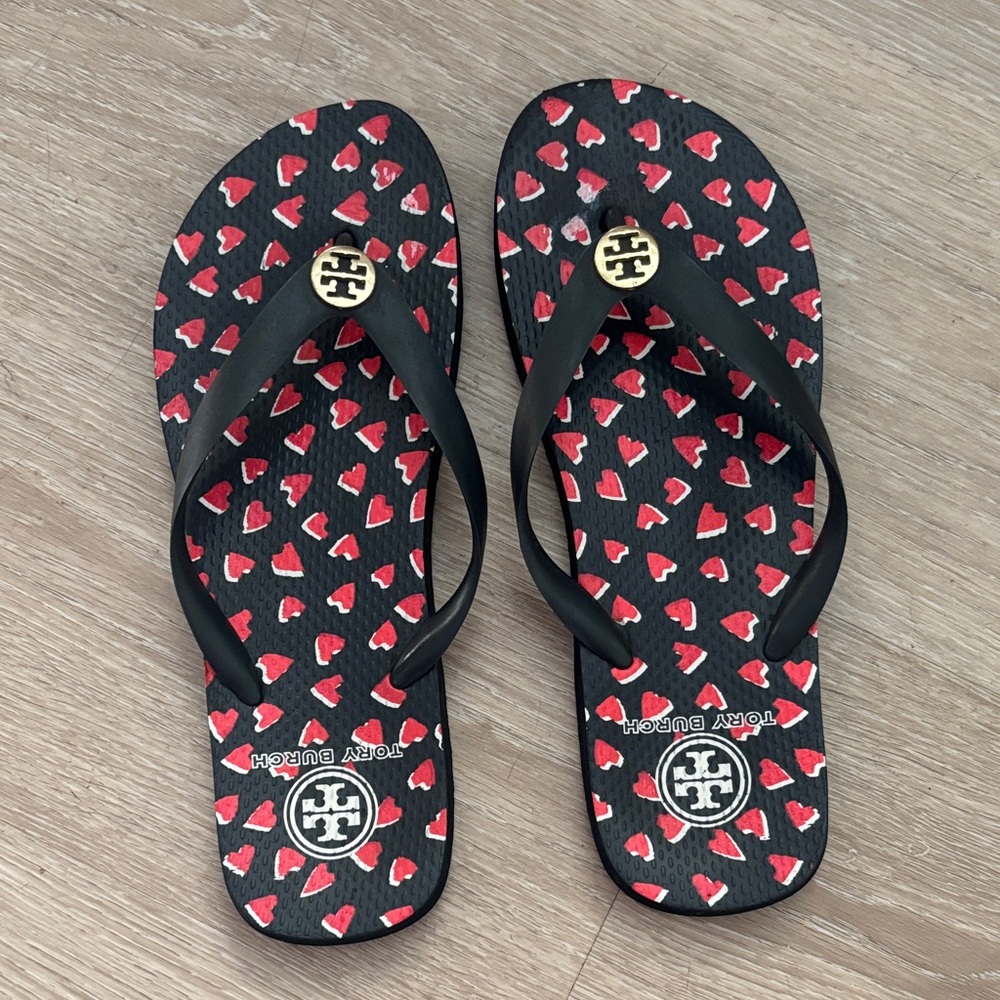 Tory Burch Black Flip Flops with Red Heart Design